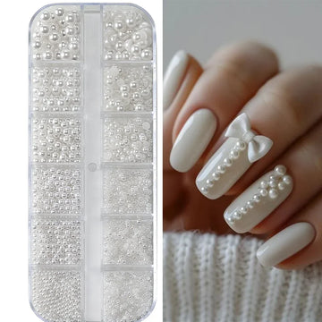 12Grids 3D Mixed White Pearls Nail Charms 0.15-0.5mm Round/Semicircle Pearl Beads Nail Art Rhinestones DIY Manicure Accessories