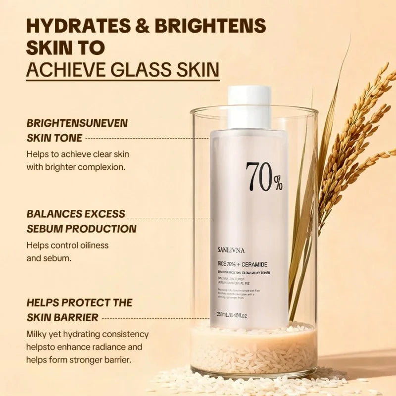 Rice 70 Glow Milky Toner Acne Moisturizing Rice Water Niacinamide Facial Essence Toner Pore Care Korean Skincare Products 250ml