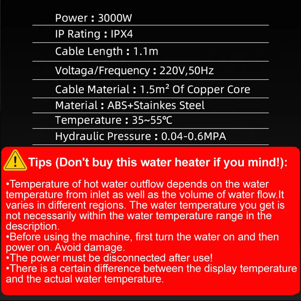 Instant Electric Water Heater Temperature Display Water Heating Kitchen Hot 3000W Water Heater with LED EU Plug Kitchen 