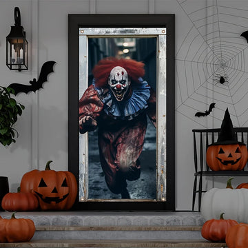 Halloween decoration background photography, crazy clown running towards you with a scary smile, creepy