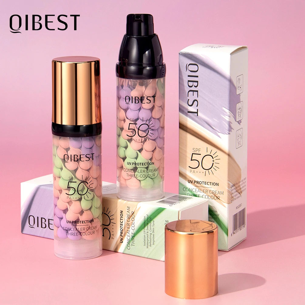 Qibest Three Color Press Release Cream Concealer Isolate Makeup Facial Base Brightening Cream Liquid Concealer Face Prim