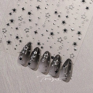 5D Luxury Star Nail Stickers for Nail Art Stars Black Silver Nail Decals Gilding Hollow Out Five-Pointed Nail Art Design Slider