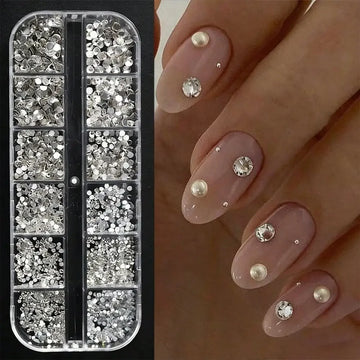 12 Grids Nail Rhinestones Mixed Size Clear Crystal AB Charms Flatback DIY Nail Art Decor