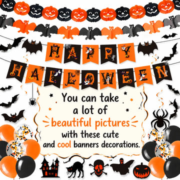 Halloween Decorations, Party Supplies Set Includes Happy Halloween Banner Skeleton-Themed Bunting Garland Wall Stickers Party