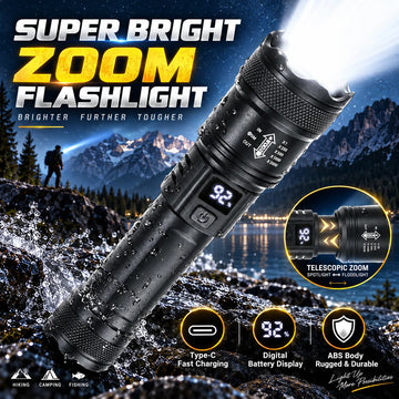 2000LM High Power LED Flashlight Rechargeable USB Tactical Torch with Battery Display Zoom Light for Camping Fishing Emergencies