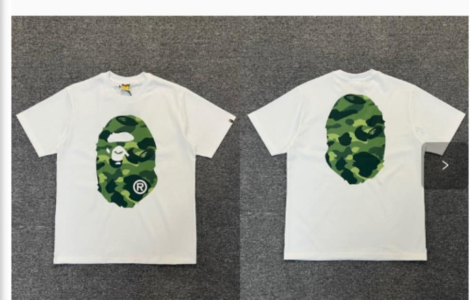 White BAPE T-Shirt with Green Camo Ape Head (Front & Back)