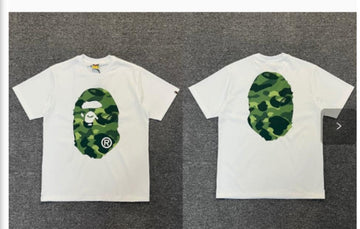 White BAPE T-Shirt with Green Camo Ape Head (Front & Back)