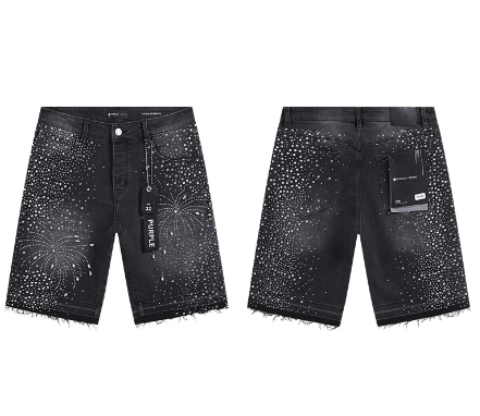 Black Washed Denim Shorts with Rhinestone Firework Pattern