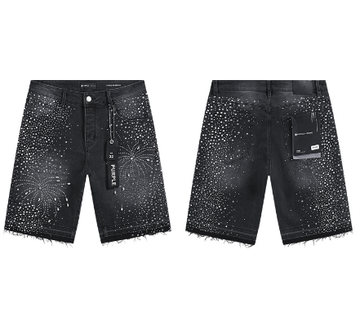 Black Washed Denim Shorts with Rhinestone Firework Pattern