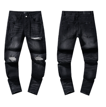 Black Washed Denim Jeans with Layered Knee Distressing