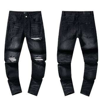 Black Washed Denim Jeans with Layered Knee Distressing
