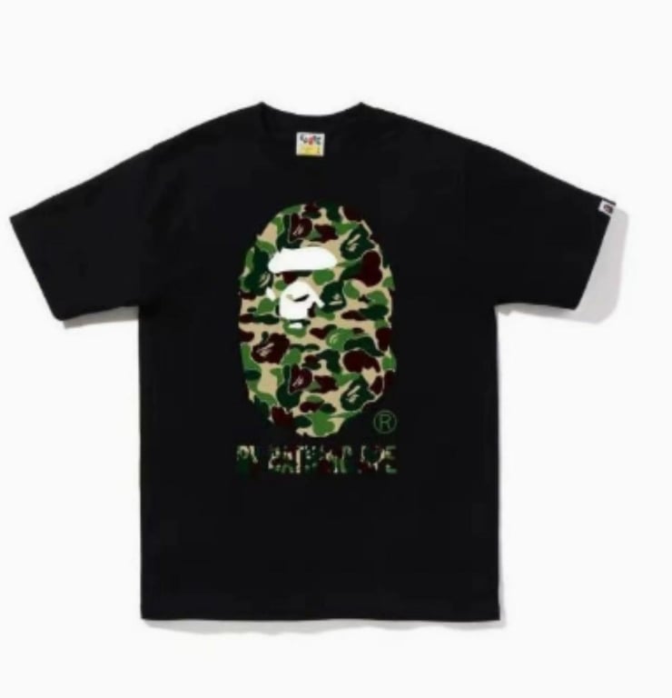 Black BAPE T-Shirt with Green Camo Ape Head and "BY BATHING APE" Logo