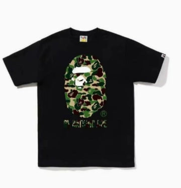 Black BAPE T-Shirt with Green Camo Ape Head and "BY BATHING APE" Logo