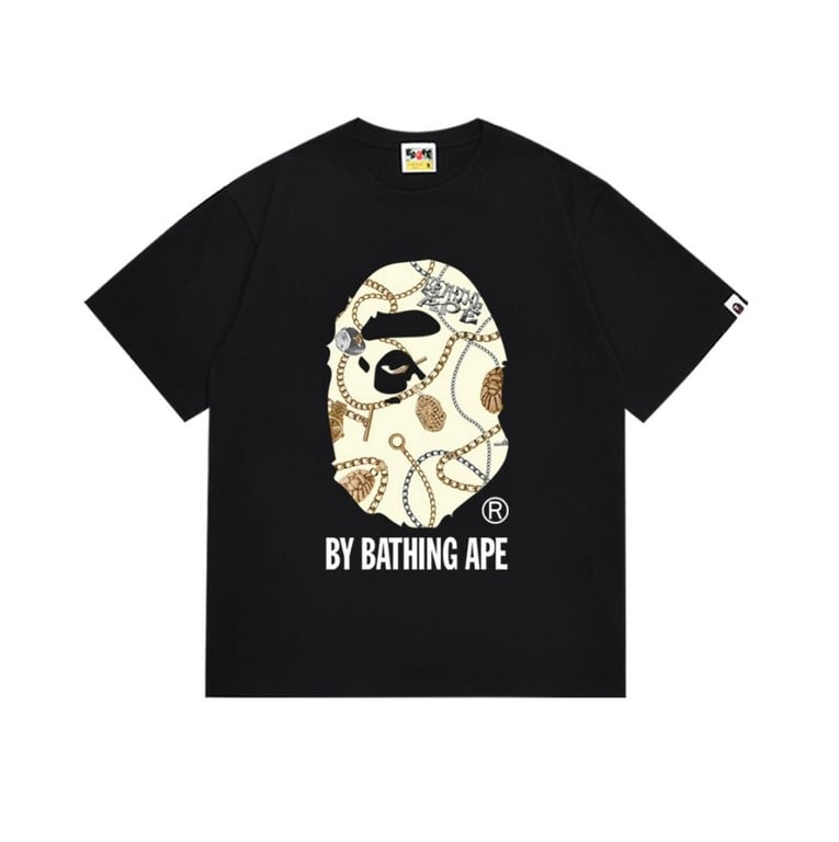Black BAPE T-Shirt with Gold Chain Print Ape Head and "BY BATHING APE" Logo