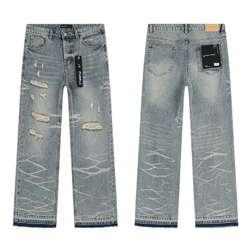 Light Blue Washed Wide-Leg Denim Jeans with Heavy Distressing and Raw Hem