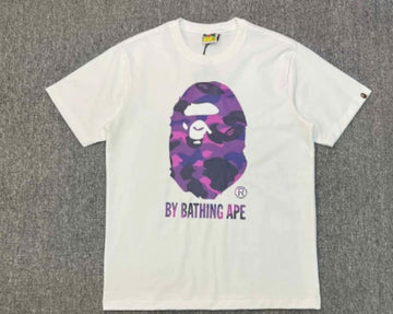 White BAPE T-Shirt with Purple Camo Ape Head and "BY BATHING APE" Logo