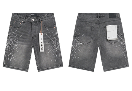 Black Washed Denim Shorts with Rhinestone Sunburst Pattern
