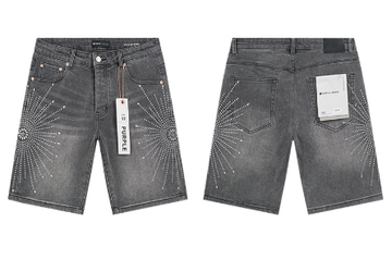 Black Washed Denim Shorts with Rhinestone Sunburst Pattern