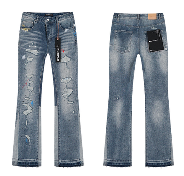 Light Blue Washed Flared Denim Jeans with Patchwork Distressing and Multicolor Paint Splatter