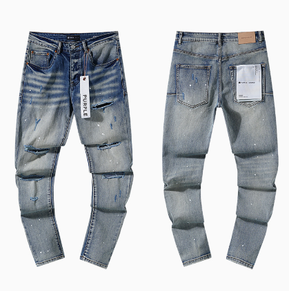 Light Blue Washed Slim Denim Jeans with Blue Paint Splatter and Multi-Rip Distressing