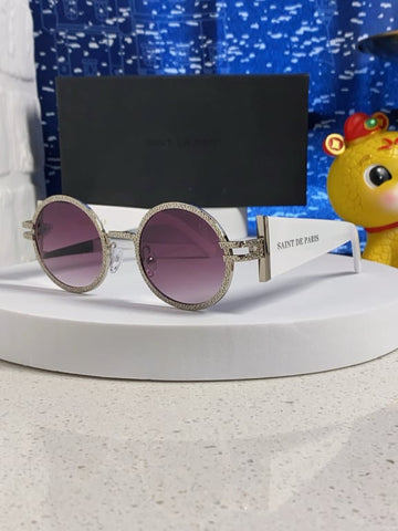Saint Laurent Round Sunglasses with Gold Frame and White Temples