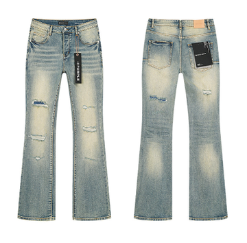 Light Blue Washed Flared Denim Jeans with Multi-Rip Distressing