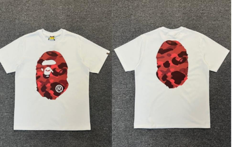 White BAPE T-Shirt with Red Camo Ape Head (Front & Back)