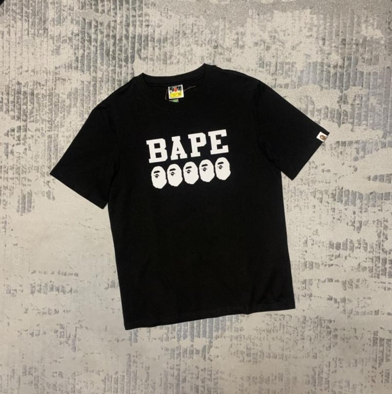 Black BAPE T-Shirt with "BAPE" and Ape Head Icons Print