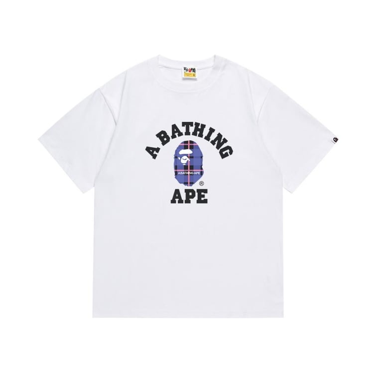 White BAPE College T-Shirt with Purple Plaid Ape Head