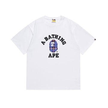 White BAPE College T-Shirt with Purple Plaid Ape Head