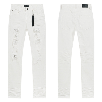 White Denim Jeans with Rhinestone Lined Distressing