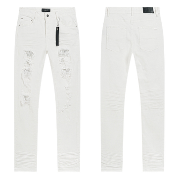 White Denim Jeans with Rhinestone Lined Distressing