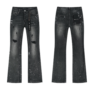 Black Washed Flared Denim Jeans with Knee Slits and Paint Splatter