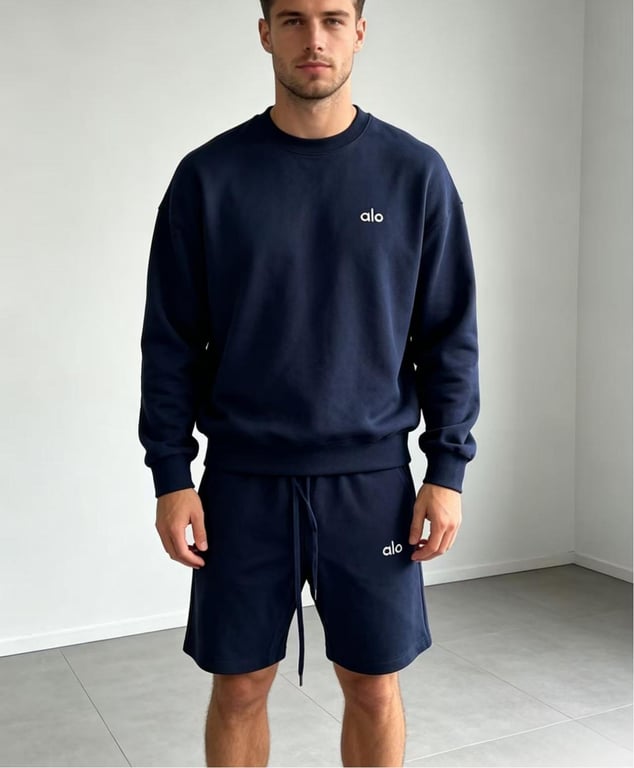 Men's ALO Crew Neck Shorts Suit (Navy Blue)