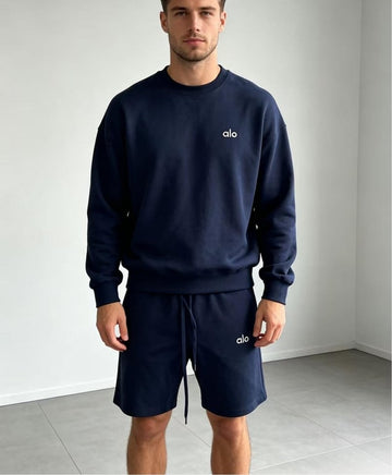 Men's ALO Crew Neck Shorts Suit (Navy Blue)