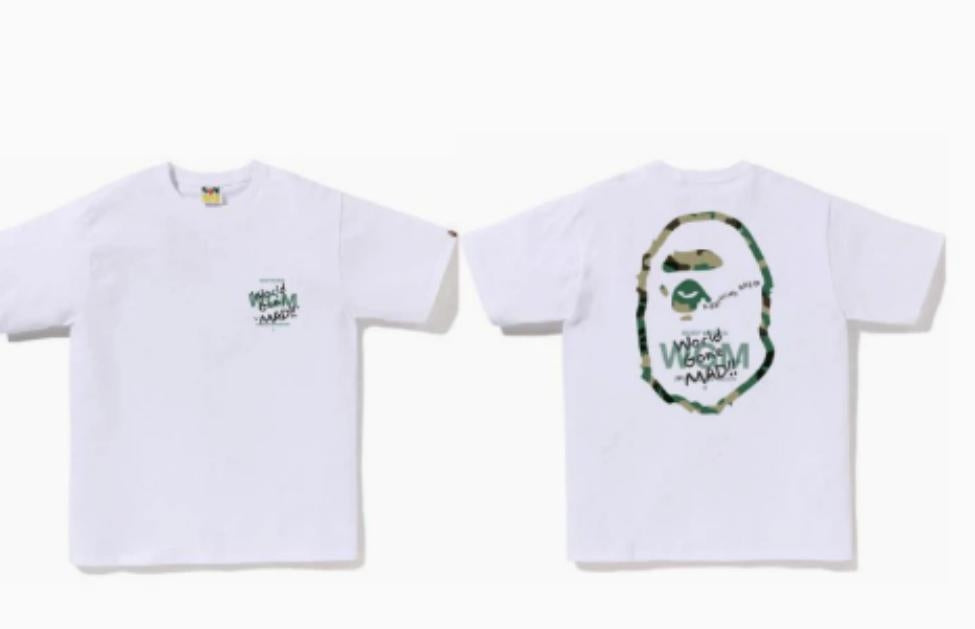 White BAPE "World Gone Mad" Logo T-Shirt (Front & Back)