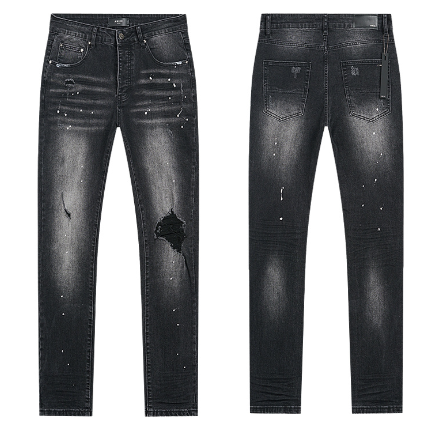 Black Washed Denim Jeans with Paint Splatter and Single Knee Rip
