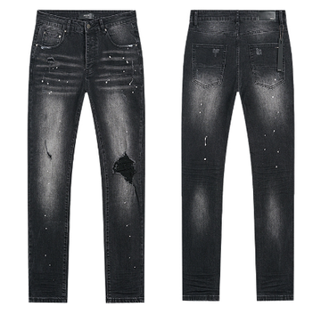 Black Washed Denim Jeans with Paint Splatter and Single Knee Rip