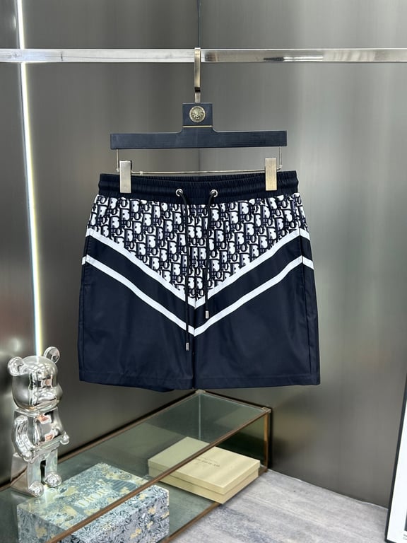 Dior Navy Blue Swim Shorts with Oblique Print and Chevron Detail