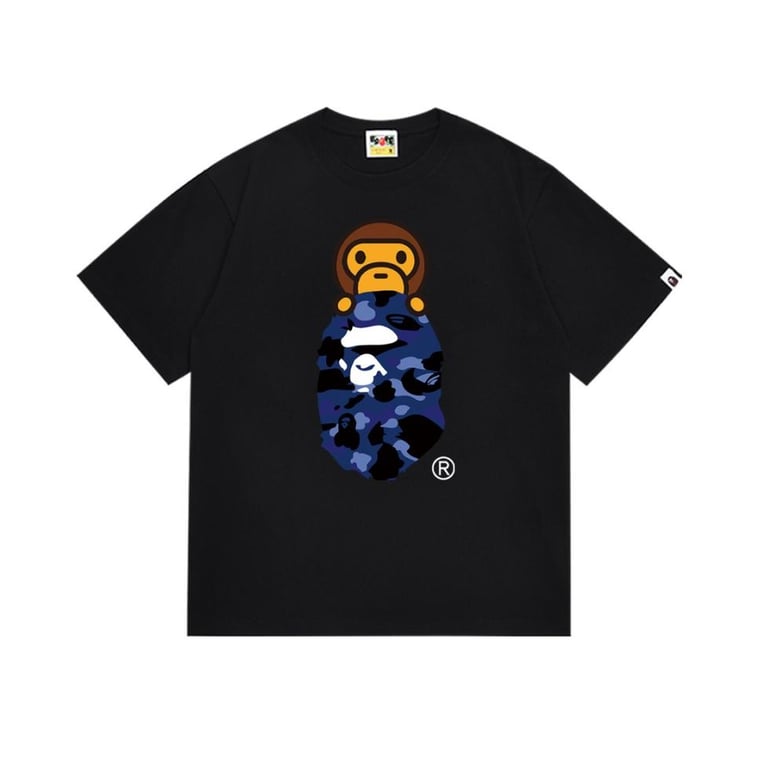 Black BAPE T-Shirt with Blue Camo Ape Head and Baby Milo