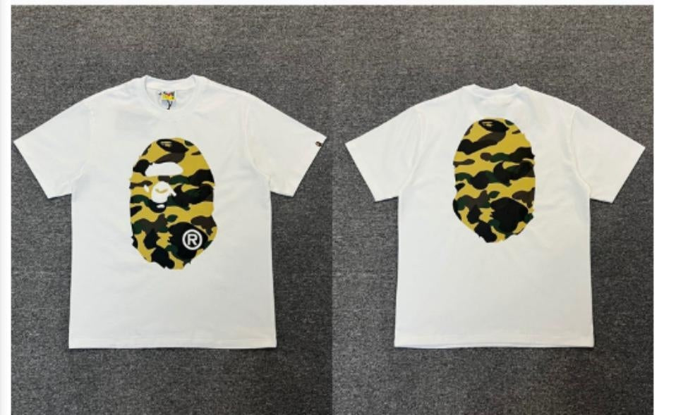 White BAPE T-Shirt with Yellow Camo Ape Head (Front & Back)