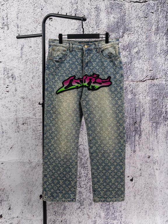 Louis Vuitton Iv monogram all-over print iridescent flocked flame graffiti jeans