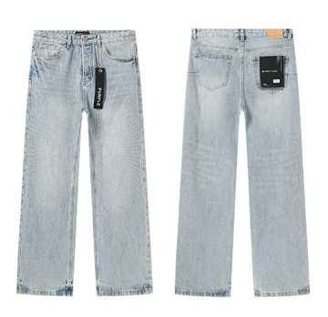Light Blue Washed Wide-Leg Denim Jeans with Sunburst Rhinestone Pattern