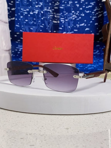 Cartier Rimless Sunglasses with Wooden Temples and Purple Gradient Lenses