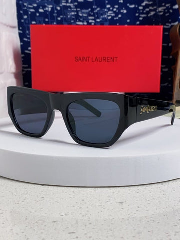 Saint Laurent Black Rectangular Sunglasses with Gold Logo Temples