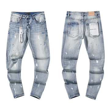 Light Blue Washed Slim Denim Jeans with White Paint Splatter and Knee Distressing