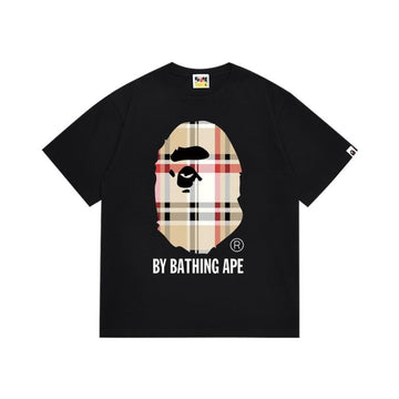 Black BAPE T-Shirt with Plaid Print Ape Head and "BY BATHING APE" Logo