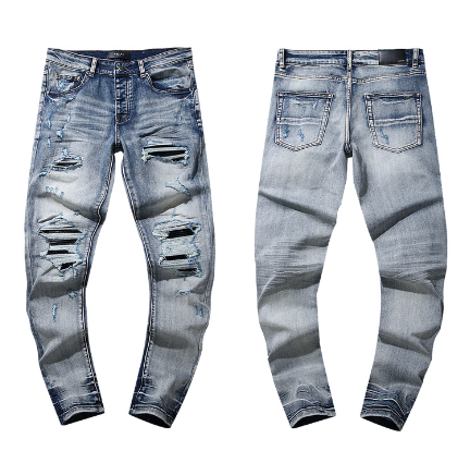 Light Blue Washed Denim Jeans with Multi-Layer Ripped Details