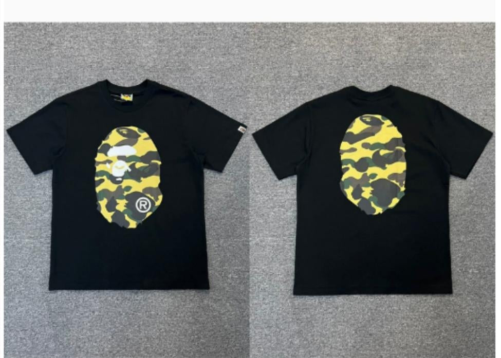 Black BAPE T-Shirt with Yellow Camo Ape Head (Front & Back)