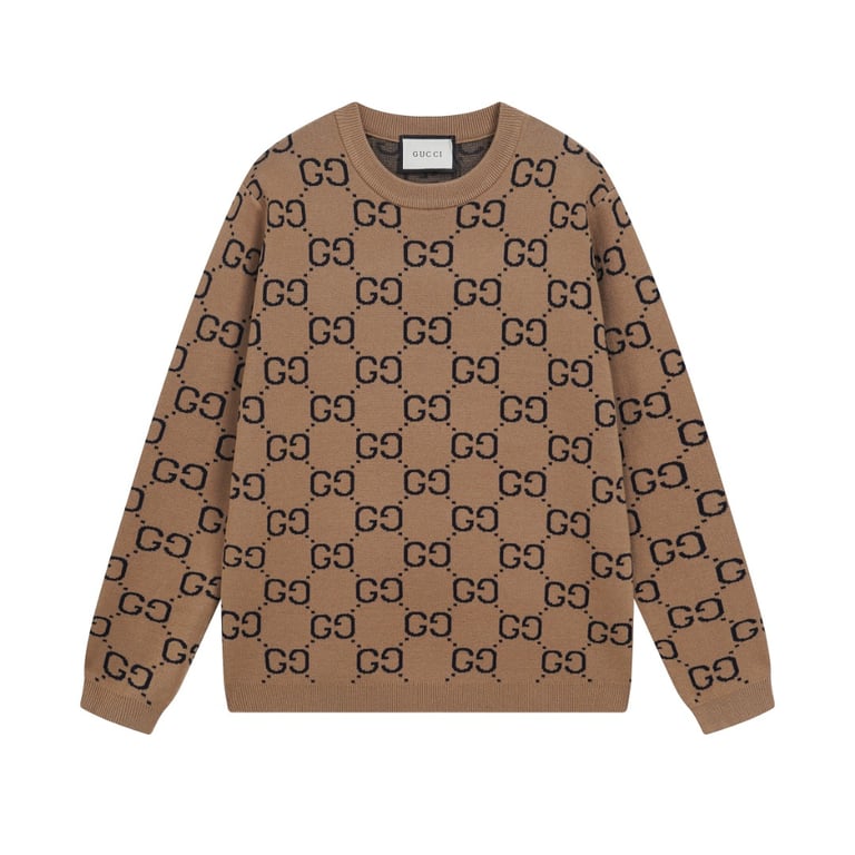 Gucci Men's Camel & Black GG Wool Jacquard Crewneck Sweater